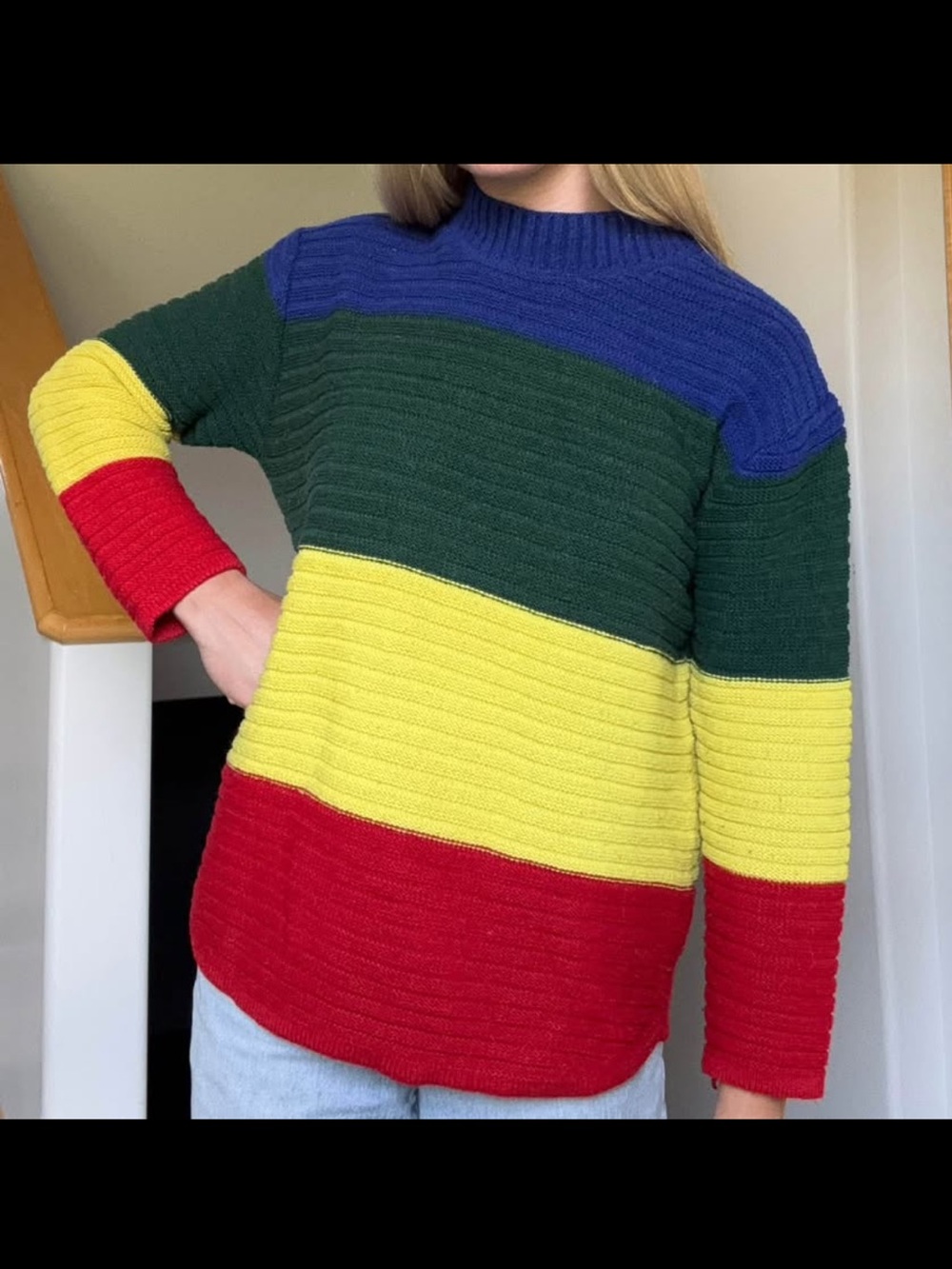 Crayola Knit Sweater. Colourful 90s nostalgia.
Close to UNIF, no tag. Vintage